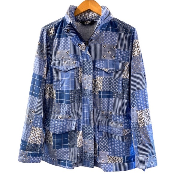 Lands' End Cotton Hooded Cargo Jackets & Blazers - Lands End Hooded Cargo Jacket Blue Patchwork Medium Petite